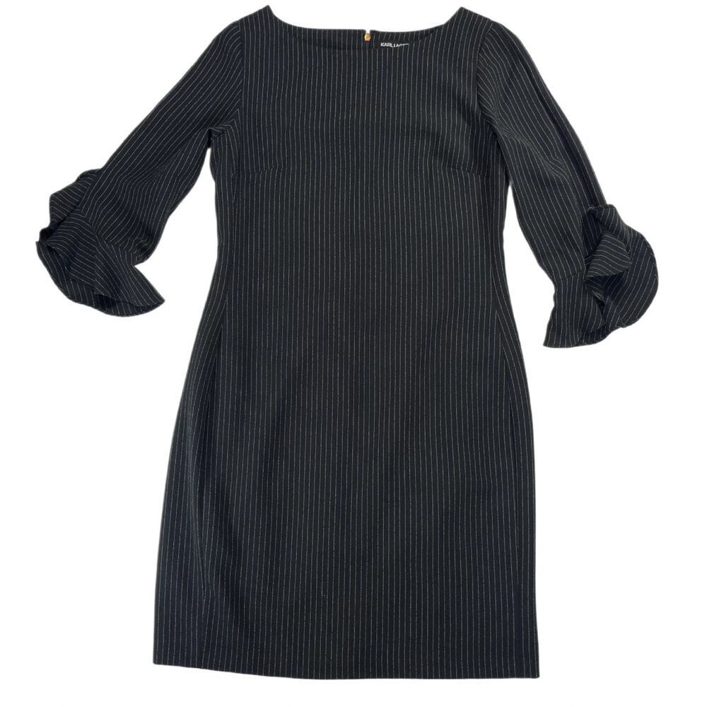 Karl Lagerfeld Paris Pinstripe Sheath Dress Ruffle Bell Sleeve Black Women’s 10